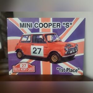 Mini Cooper 'S' Vintage Wall Metal Decor Sign - Orange & Purple. 16 X 12 Inches